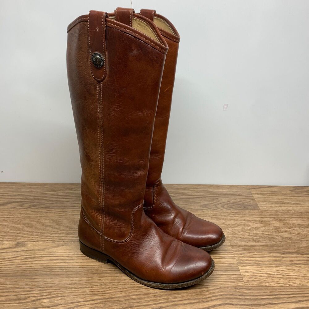 Frye #77167 Melissa Button Brown Tall Leather Riding Biker Womens Boots‎ Size 6B